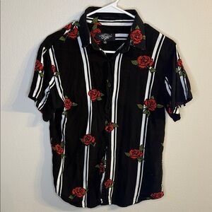 Eighty Eight Black and White Striped Shirt with Red Rose Design